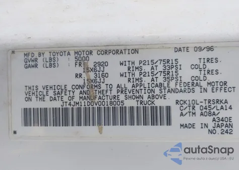 1997 Toyota T100 z USA, uszkodzony, nr VIN JT4JM11D0V0018005